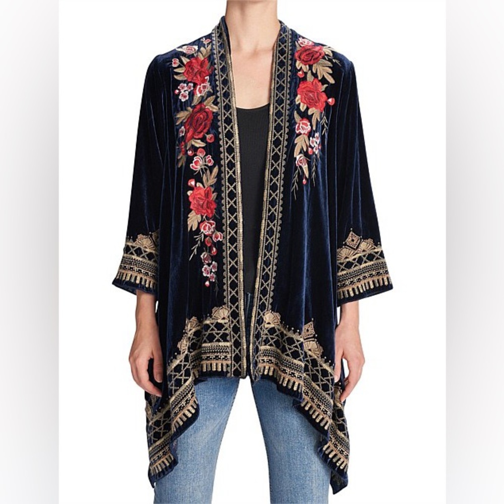 Johnny Was Navy and Red Embroidered Cardigan